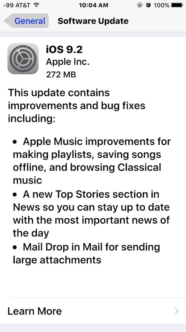 在 iPhone 上通过 OTA 下载并安装 iOS 9.2