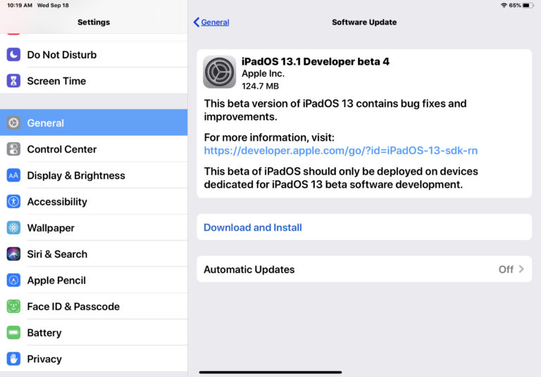iPadOS 13.1 开发者测试版 4