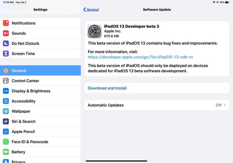 iPadOS 13 beta 3