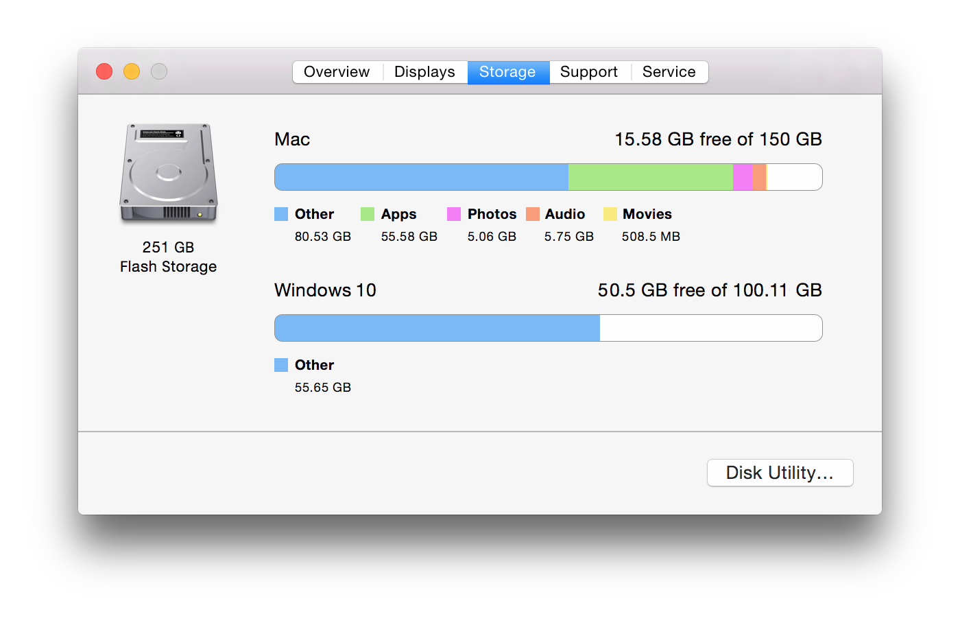 Mac OS X 中显示的 Mac 其他存储空间