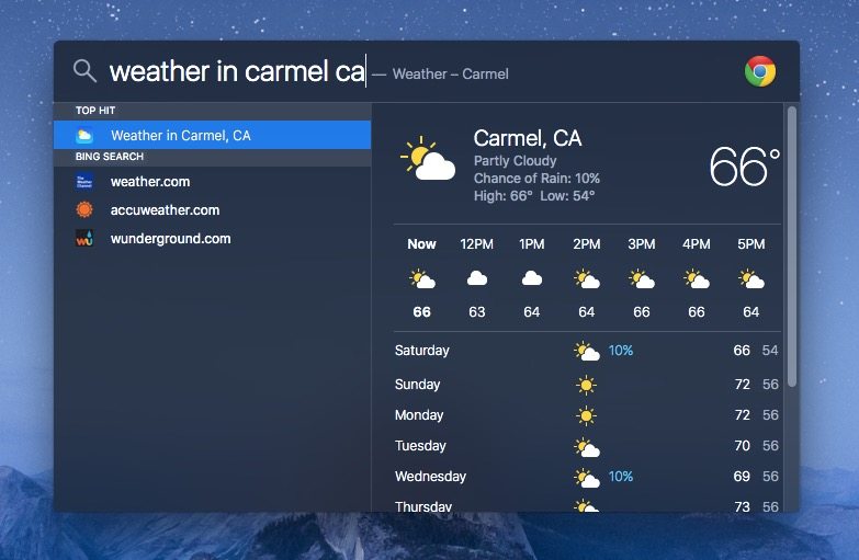 Mac 版 Spotlight 中的搜索天气