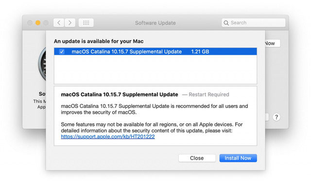 MacOS Catalina 10.15.7 补充更新”/>  </p>
<p>完成更新需要像往常一样重启 Mac。</p>
<p>Mac 用户还可以选择通过软件包安装程序安装补充更新，或使用 macOS 10.15.7 的更新组合更新。</p>
<p>下载 MacOS Catalina 10.15.7 补充更新时附带的发行说明非常简短，但好奇的用户可以找到有关安全相关补丁的更多细节 <a href=