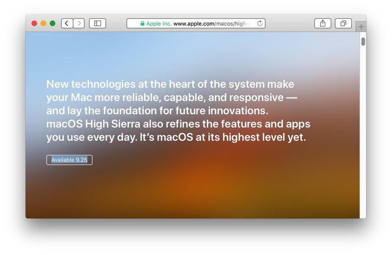Apple 网页上显示的 MacOS High Sierra 发布日期