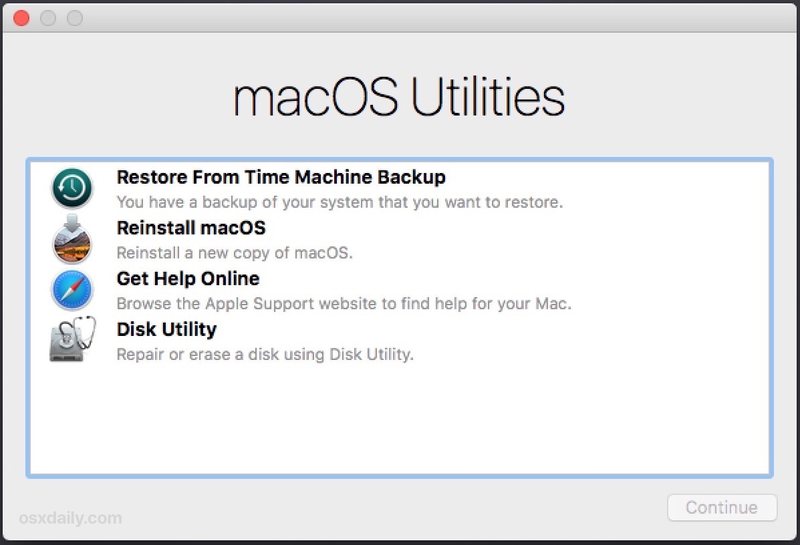 MacOS 实用程序屏幕上的 MacOS 恢复模式选项