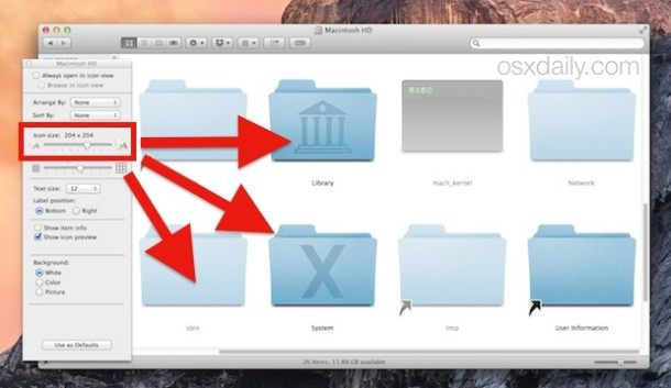 在 Mac OS 中使图标变大X 文件夹窗口