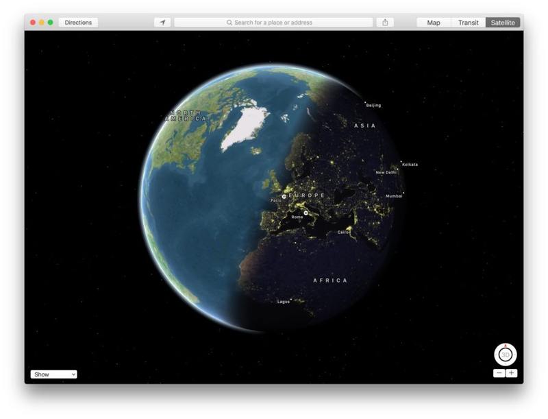 Maps Globe 视图显示白天和黑夜遇见”/>  </p>
<p>白天的视图如您所料明亮，让识别大陆、海洋和陆地特征变得非常容易。世界的夜景也非常迷人，因为它使用详细的卫星图像来显示地球表面的光污染，使定位城市、发展和地球上的人类行为变得容易，就像发光一样可见人类活动来自国际空间站、<a href=