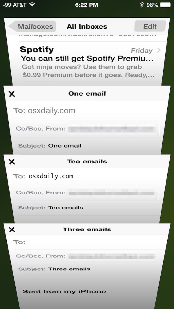 iOS 邮件中的多个最小化电子邮件