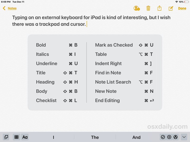 iPad 上的笔记应用程序键盘快捷方式备忘单