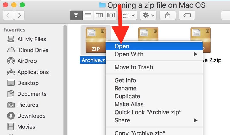 右键单击并选择打开 Zip 存档以在 Mac OS 上打开它