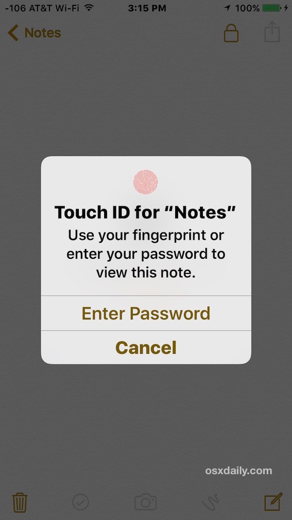使用Touch ID或输入密码查看注意