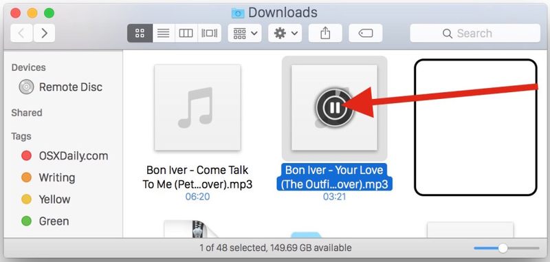 播放音频使用图标在 Mac OS X 的 Finder 中找到文件