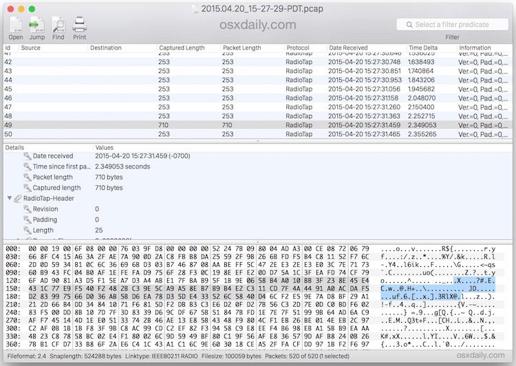 读取捕获的数据包使用 Cocoa 数据包分析器应用程序在 Mac OS X 中跟踪 PCAP WCAP 文件
