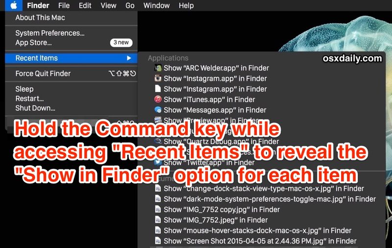 选择最近的项目时按住 Command 键在 Mac OS X 的 Finder 中跳转到它的菜单选项