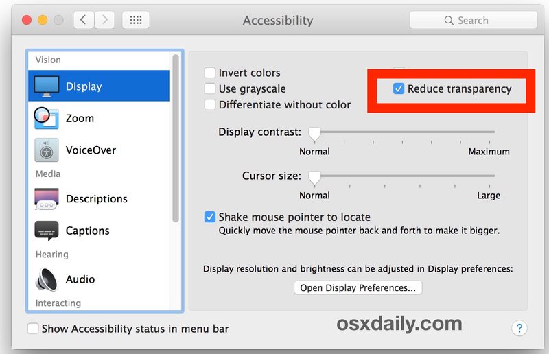 降低 Mac OS X 中的透明度以关闭半透明Mac 界面效果