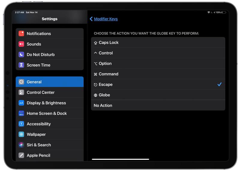 重新映射globe 键在 iPad Smart Keyboard 上作为转义键