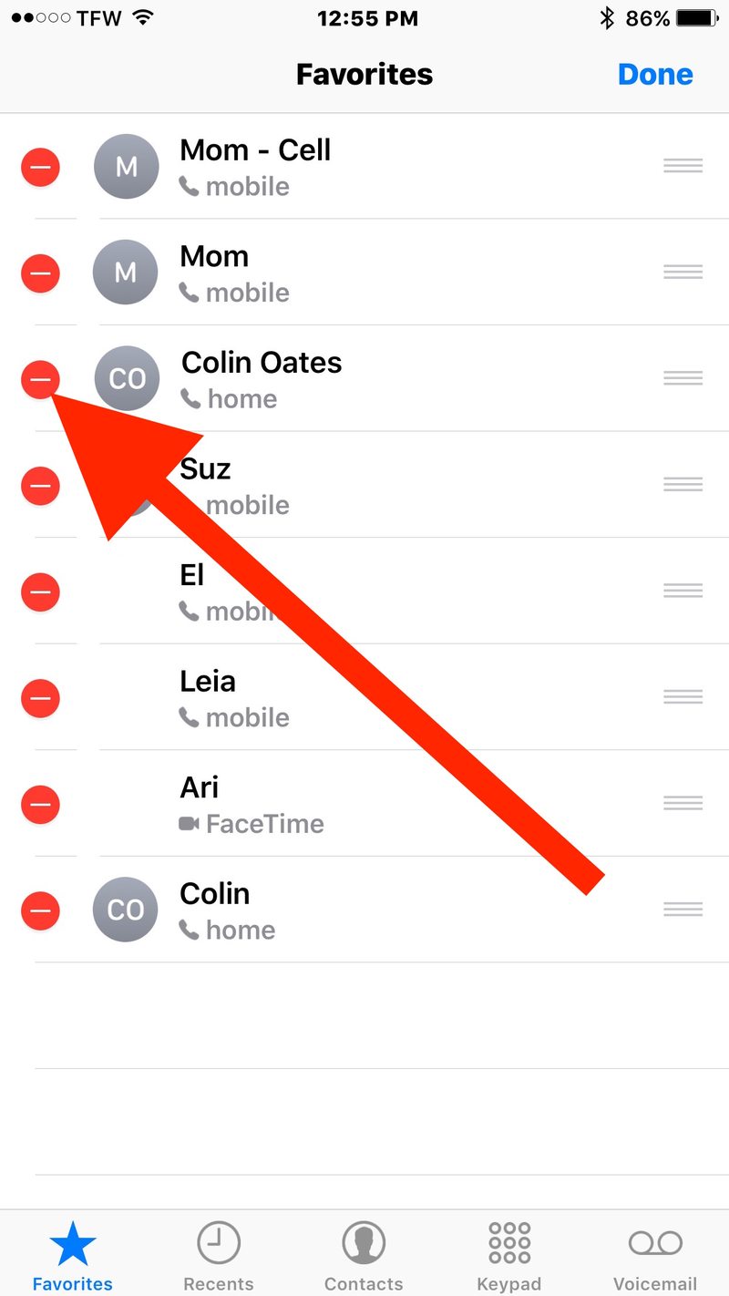 点击红色删除按钮删除 iPhone 最喜欢的联系人