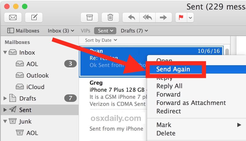 在Mac Mail上选择重新发送邮件