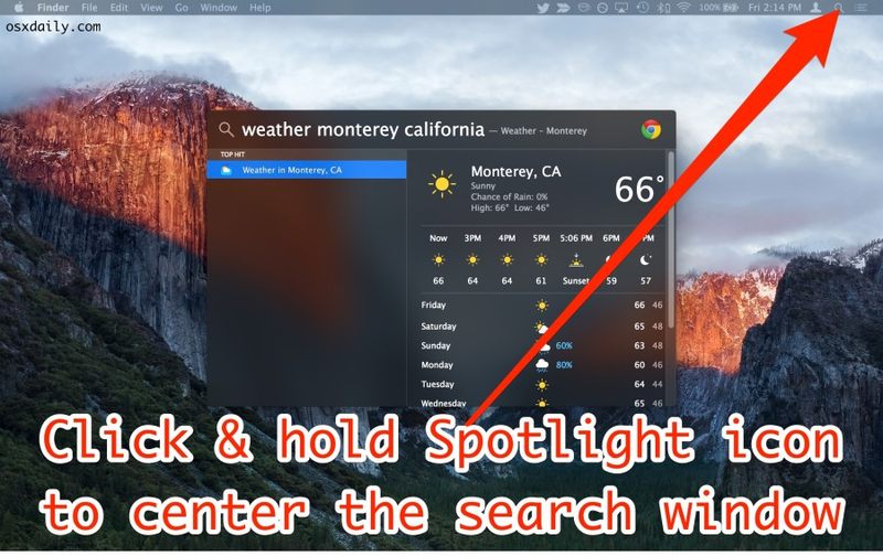 将 Spotlight 重置为 OS X 屏幕中的默认位置