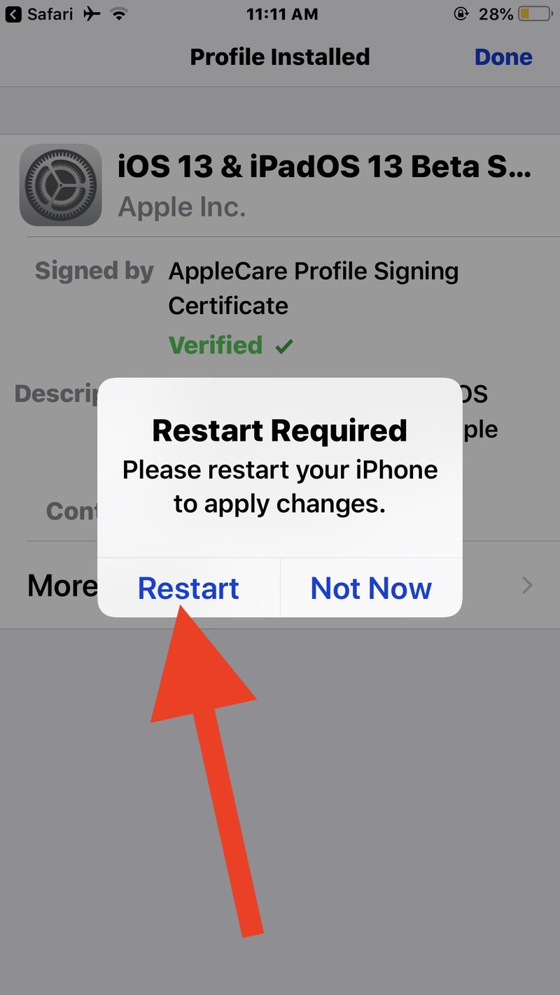 选择重启iPhone安装 iOS 13 beta 配置文件