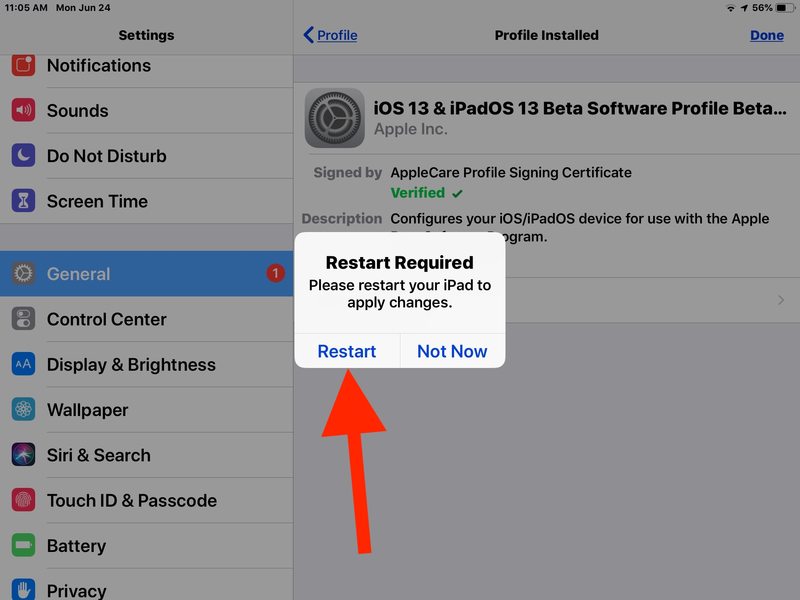 重启以完成 iPadOS beta 配置文件安装