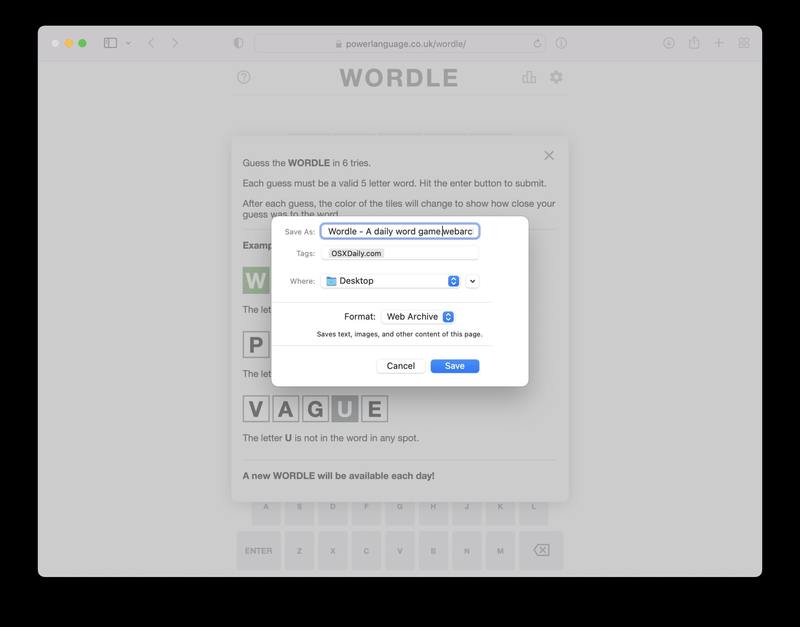将WORDLE另存为网页在 Mac 上使用 Safari 存档