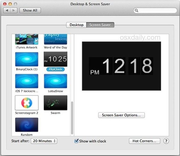 在 Mac OS 中添加屏幕保护程序X