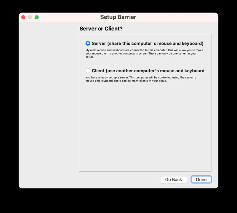 选择服务器作为 Mac 的设置你想共享键盘和鼠标