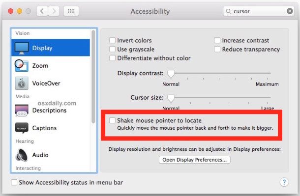 在 Mac OS X 中摇动鼠标光标定位在屏幕上