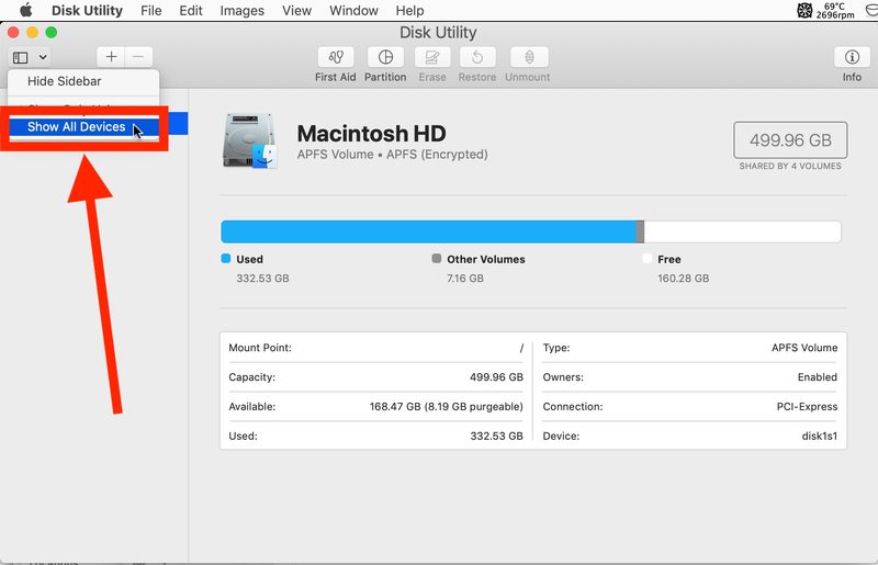 如何显示所有磁盘设备在 Mac 磁盘工具中