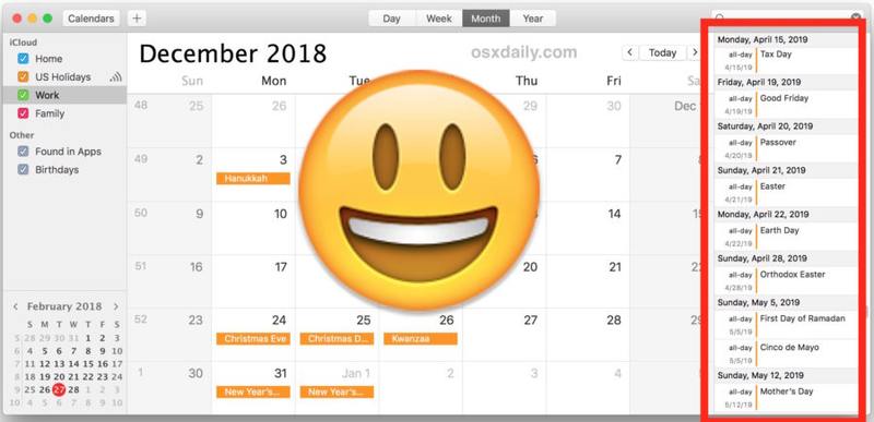 显示日历的列表视图Mac 上的事件