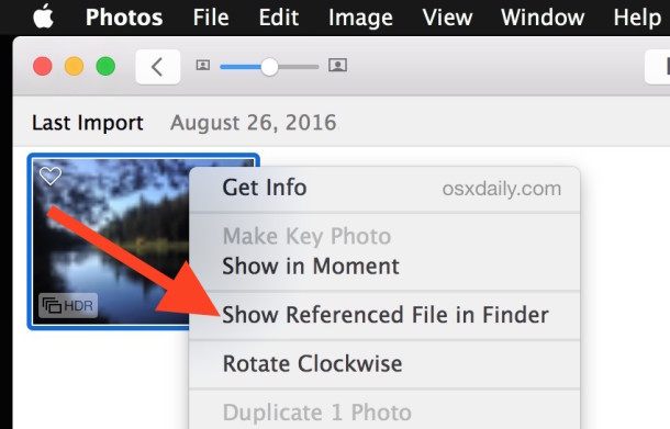 显示引用从 Mac OS X 的照片应用程序在 Finder 中归档