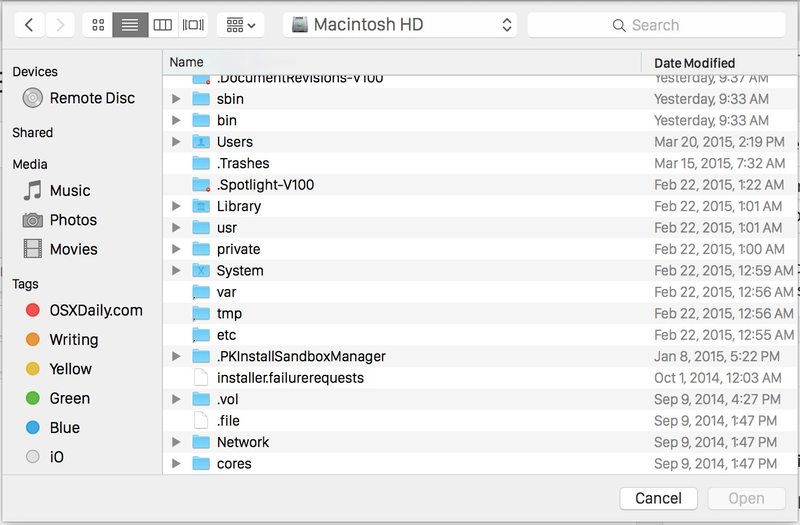 在 Mac OS X 的打开和保存对话框窗口中切换隐藏文件的可见性