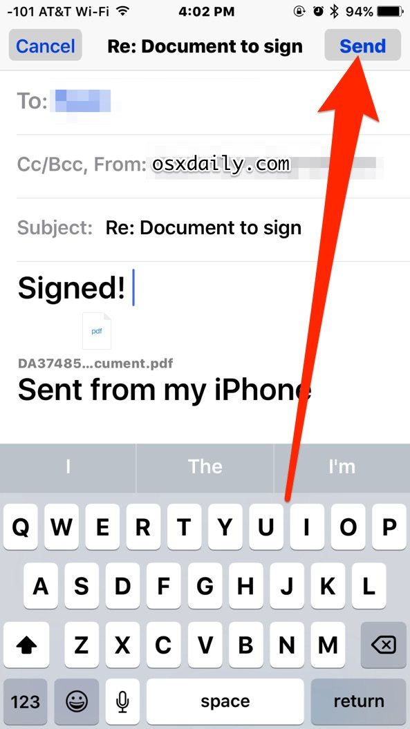 签名文件插入回邮件，发送在 iOS 邮件应用程序中