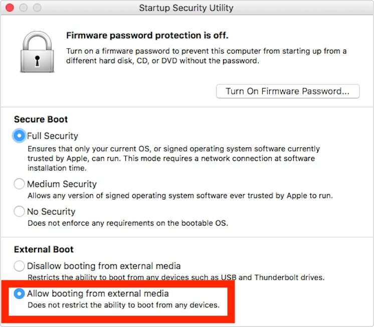启动安全实用程序允许从Mac 上的外部媒体