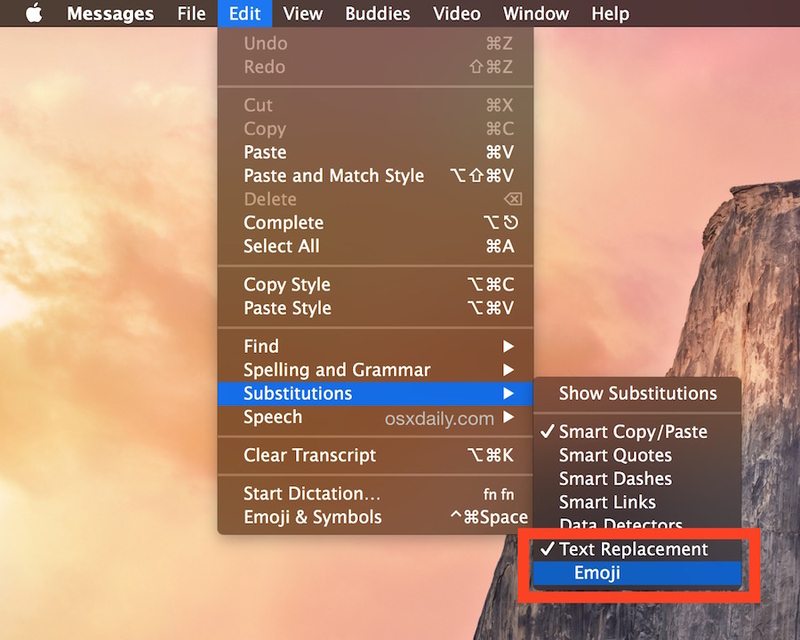 切换自动表情符号替换在 Messages for Mac 中打开或关闭