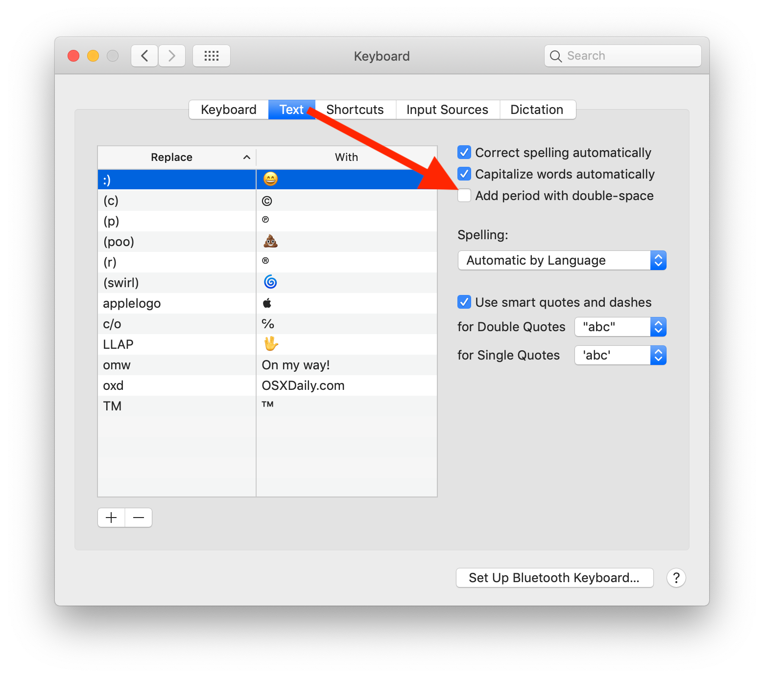 如何停止自动插入句点在 Mac 键盘上