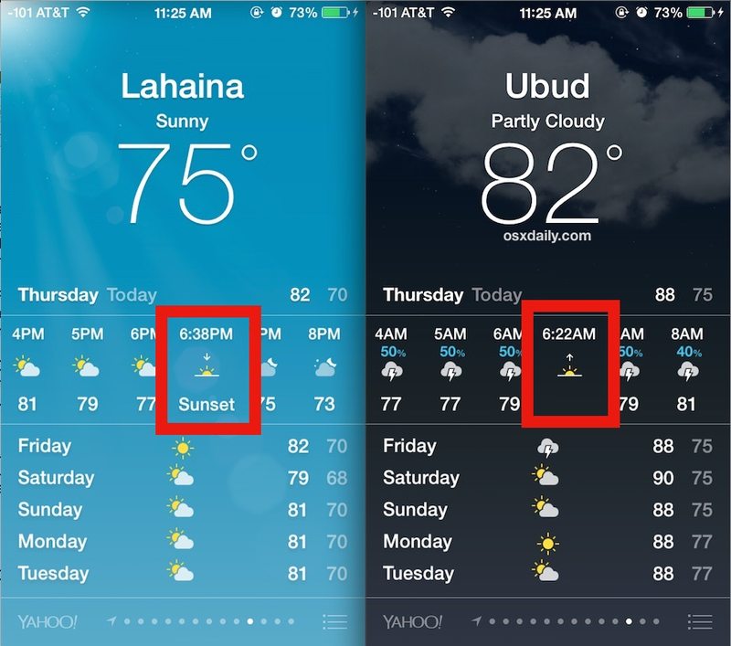 iPhone 天气应用程序上的日落和日出时间