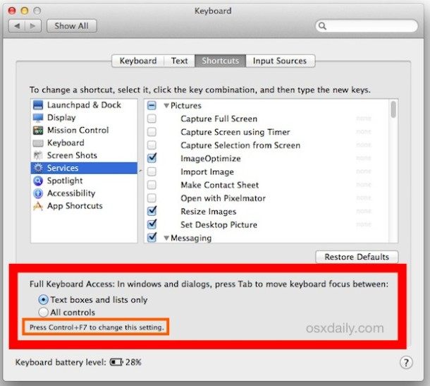 切换标签键导航在 Mac OS X 中使用击键