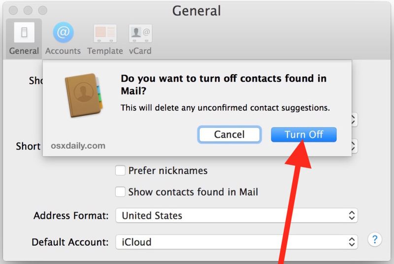 确认禁用 Mac OS X 邮件中的联系人建议