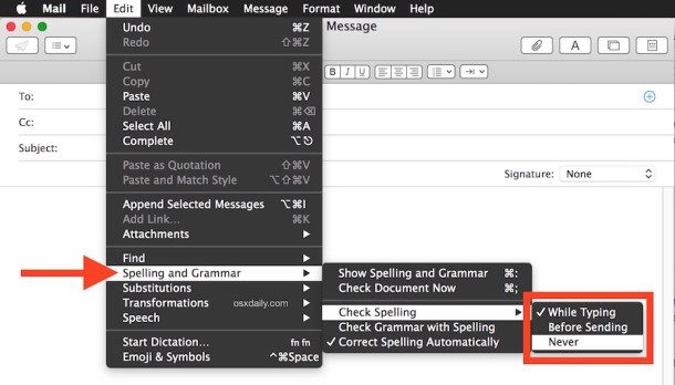 关闭Mac OS X 邮件应用程序中的拼写检查
