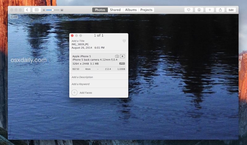 在 Mac OS X 上的照片中查看图片的 EXIF 数据