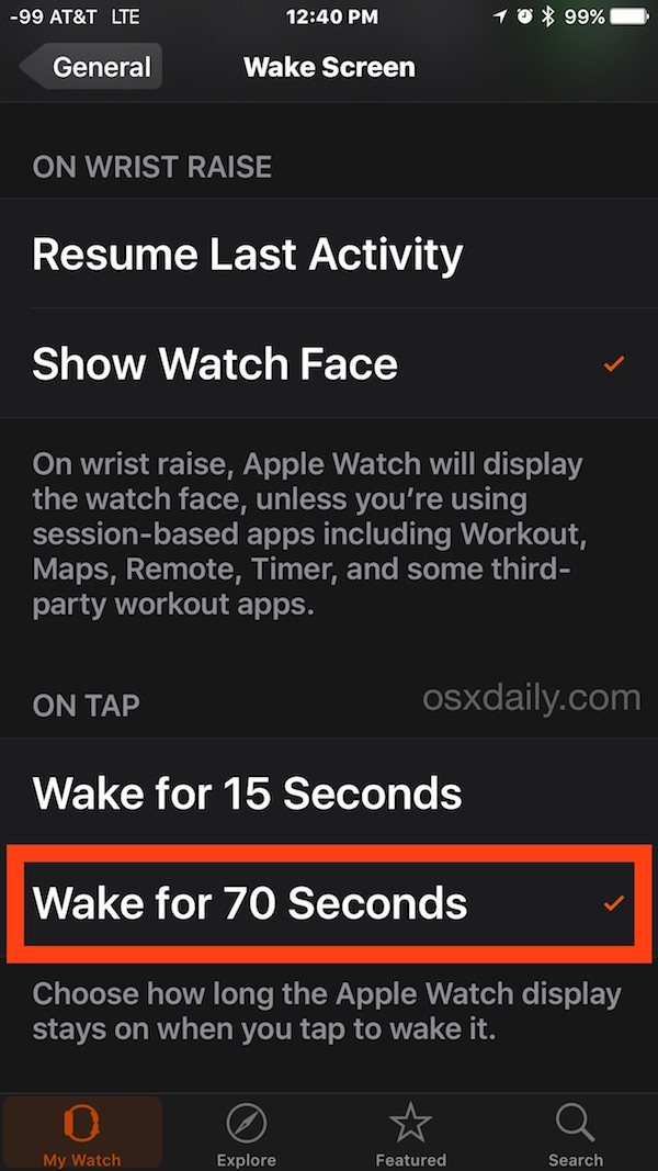 更改 Apple Watch 显示屏的活动时间和点击时唤醒