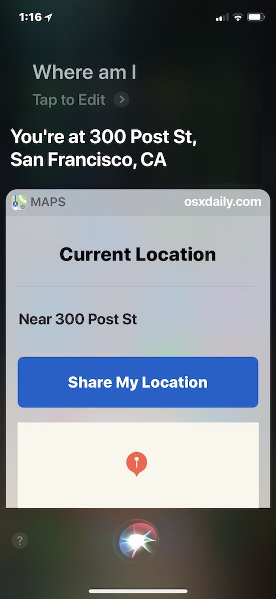 使用 Siri 获取您的当前位置通过问我在哪里” />  </p>
<p>位置共享功能可让您快速将您的当前位置发送给其他人，方式与 <a href=