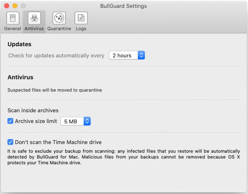 BullGuard Antivirus Mac 设置