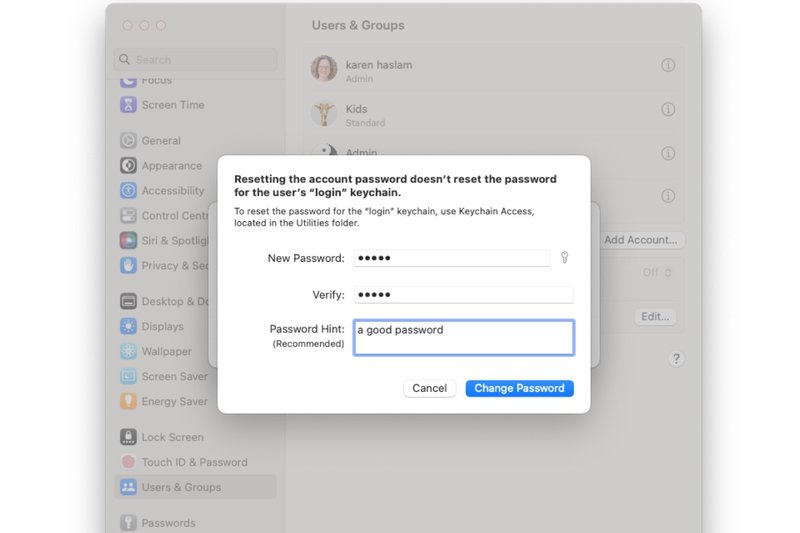 更改 Mac 另一个用户的密码