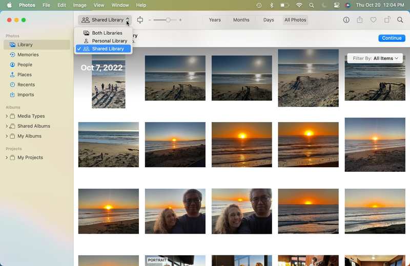 预览 iCloud 共享照片库时，您可以根据共享或未共享状态对照片进行排序。
