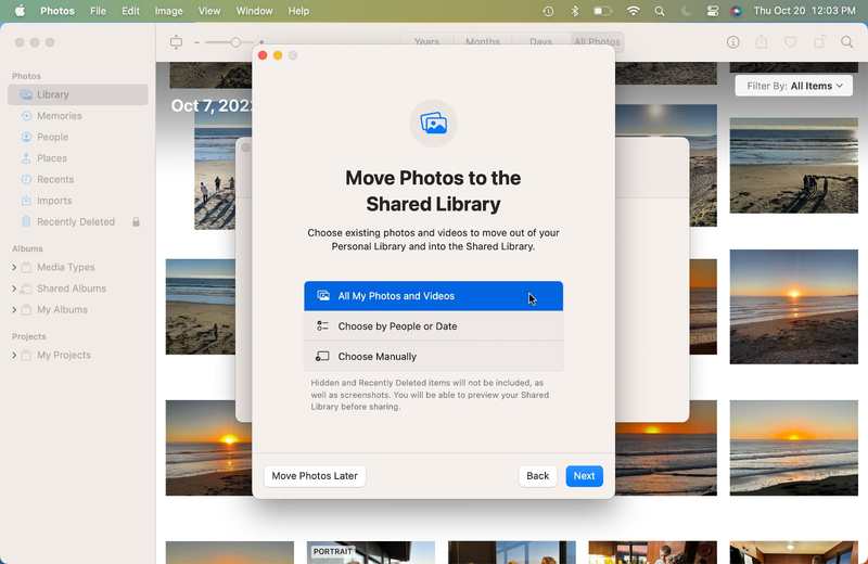 制作 iCloud 共享照片库时，Apple 提供了三种选择来选择库中的照片。