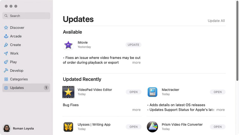 检查 Mac App Store 中的应用程序更新，单击左栏中的