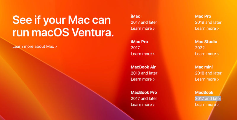 macOS Ventura 系统要求