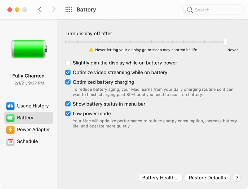 macOS 蒙特利低功耗模式电池